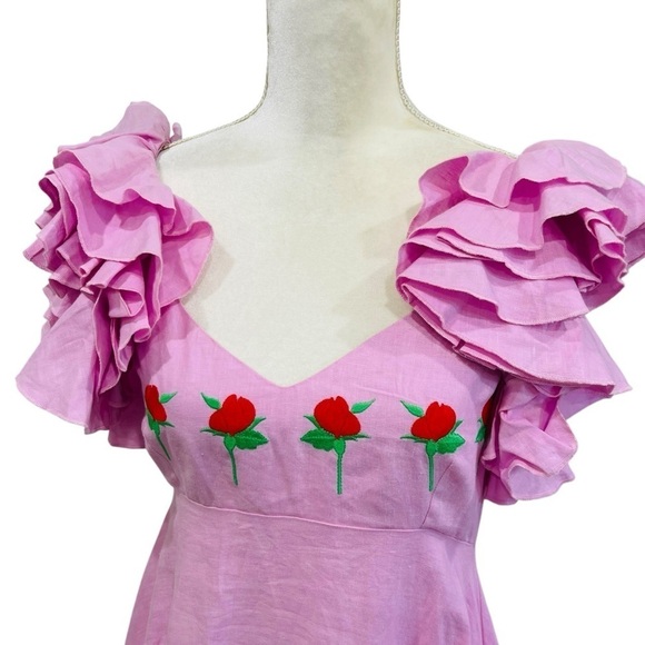 FANM MON XS Aster Pink Demre Linen Embroidered Maxi Dress Ruffle Sleeve NWT $357 - Picture 6 of 12